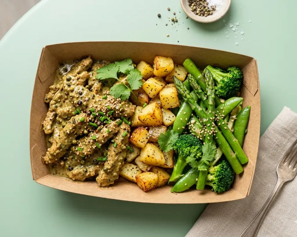 [6787] Aiguillette végé au poivre vert, pommes de terre grenaille et légumes verts (brocoli, petits pois, haricots, flageolets)