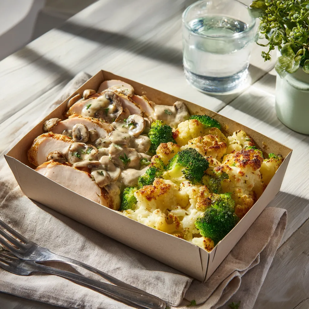 [5182] Émincé de dinde sauce champignon, Gratin de chou fleur et brocoli