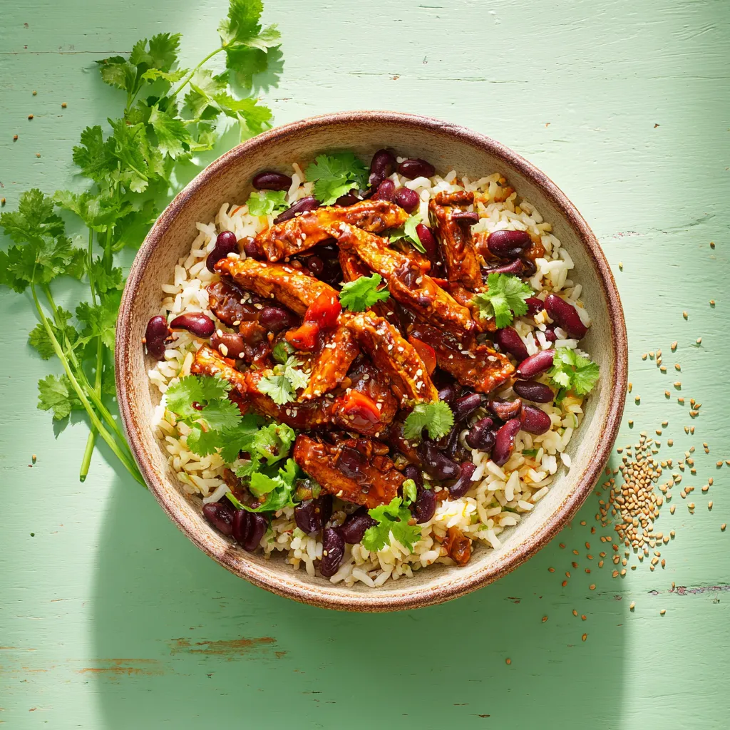 [5980] emincé végé sauce méxicaine, riz pilaf au haricots rouges
