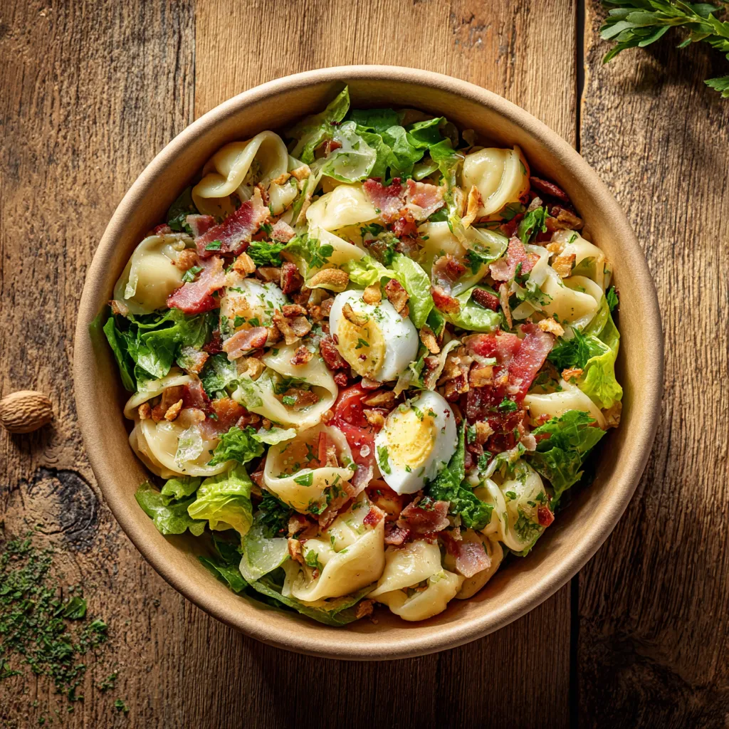 Fraich'Bol Lyonnais (Mini Serpentini, salade, tomate, lardon, croûtons, œuf poché), vinaigrette oignon persil BIS