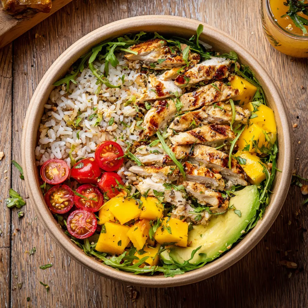 Fraich'Bol Tropicale (Poulet grillé mariné au citron vert et miel, mangue, avocat, salade,riz Basmati, tomate,vinaigrette à l'orange)