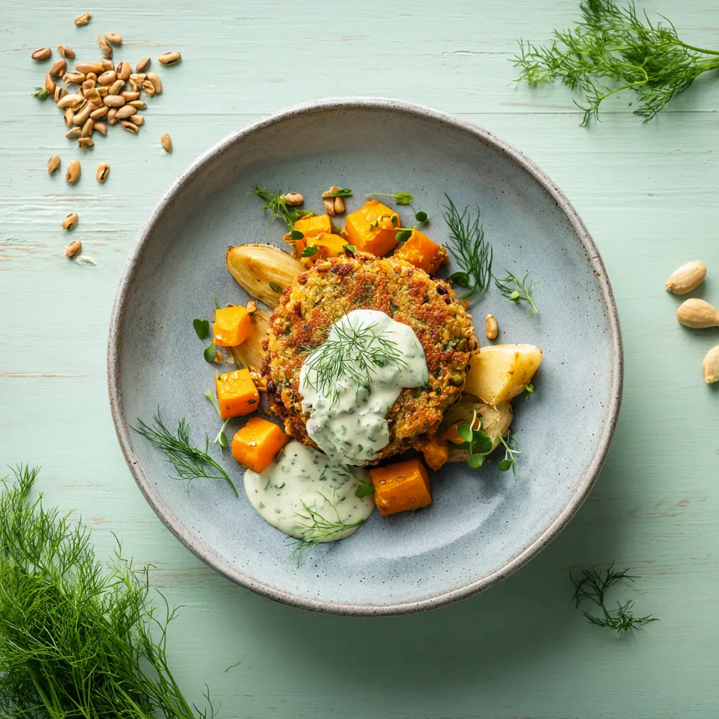 [5736] Galette de haricot azuki sauce à l'aneth, poélée de panais et butternut rôti Végé