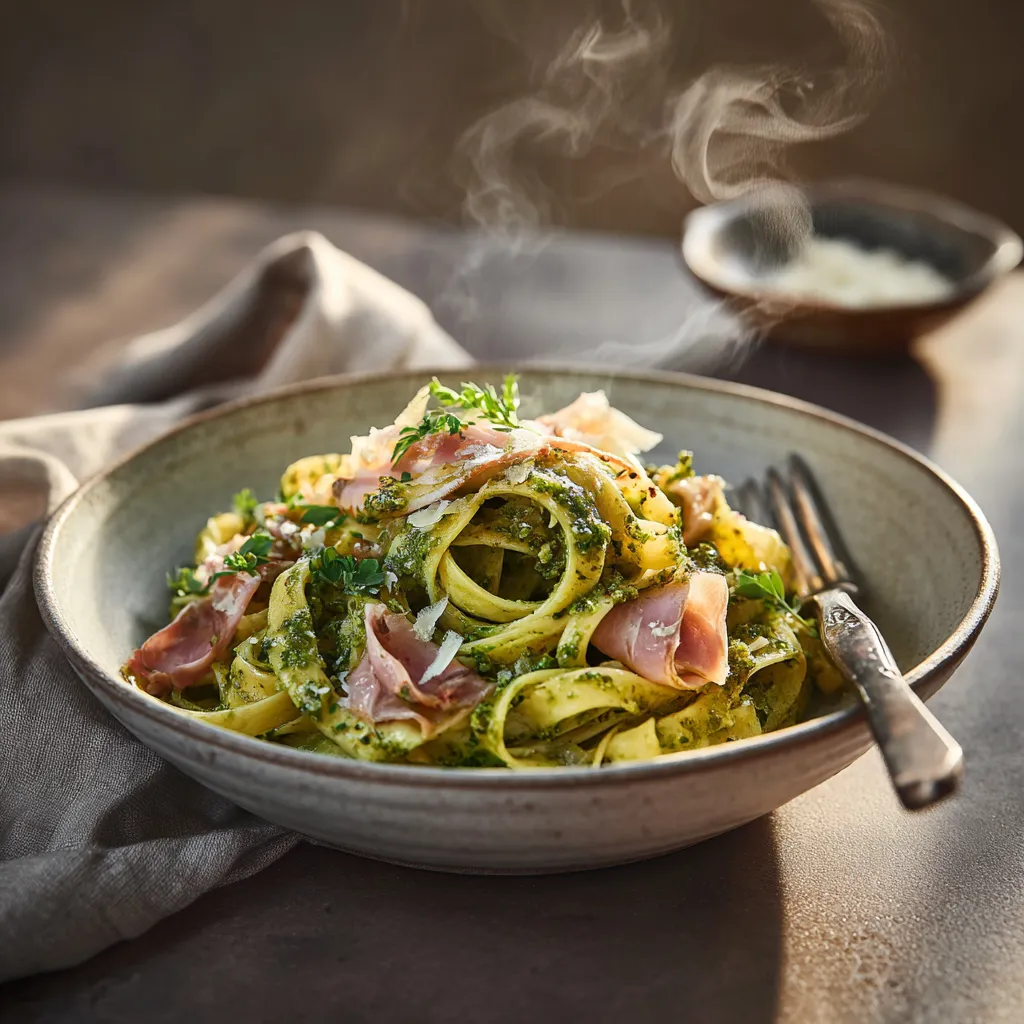 Pastas du jour au jambon fumé et pesto vert