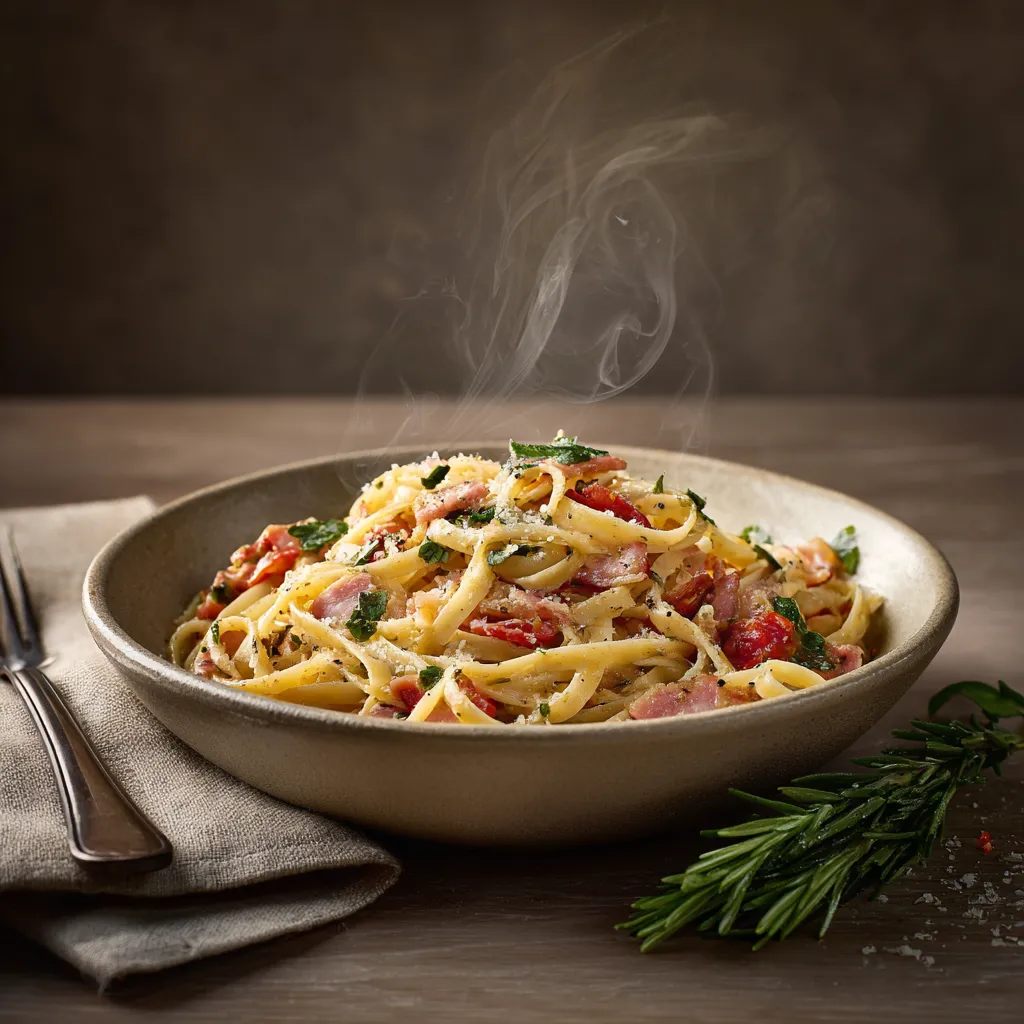 [6185] Pastas du jour Liguine à la Toscane (jambon italien,tomates, parmesan, ail, romarin, basilic, piment d'Espelette)