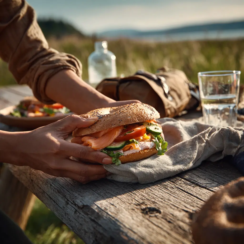 Pique -Mie "Bagel Lox" (bagel, saumon, cream chesse à la ciboulette, concombre, tomate, salade )