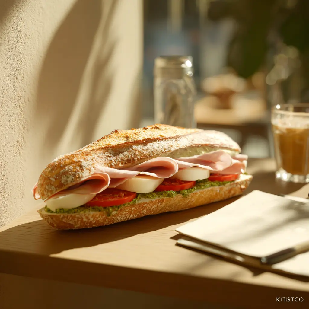 Pique -Mie "l'Italien"(Baguette sandwich, jambon, mozzarella, pesto, tomates)