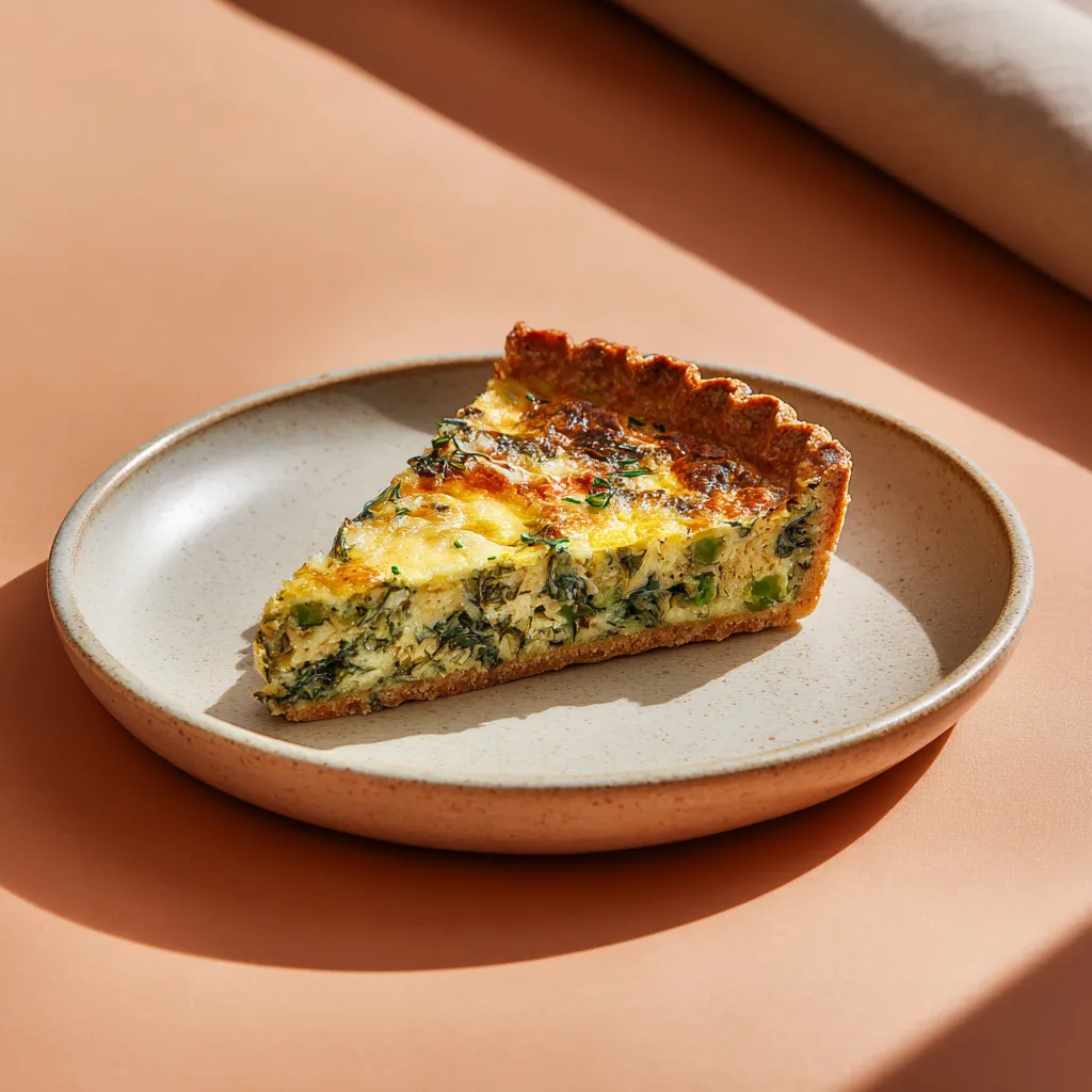 Quiche au sarrasin, épinards, petits pois et curry